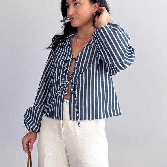 Women’s Striped Tie-Front Blouse – Navy/White, Collared Long Balloon Sleeve - Picture 2 of 10